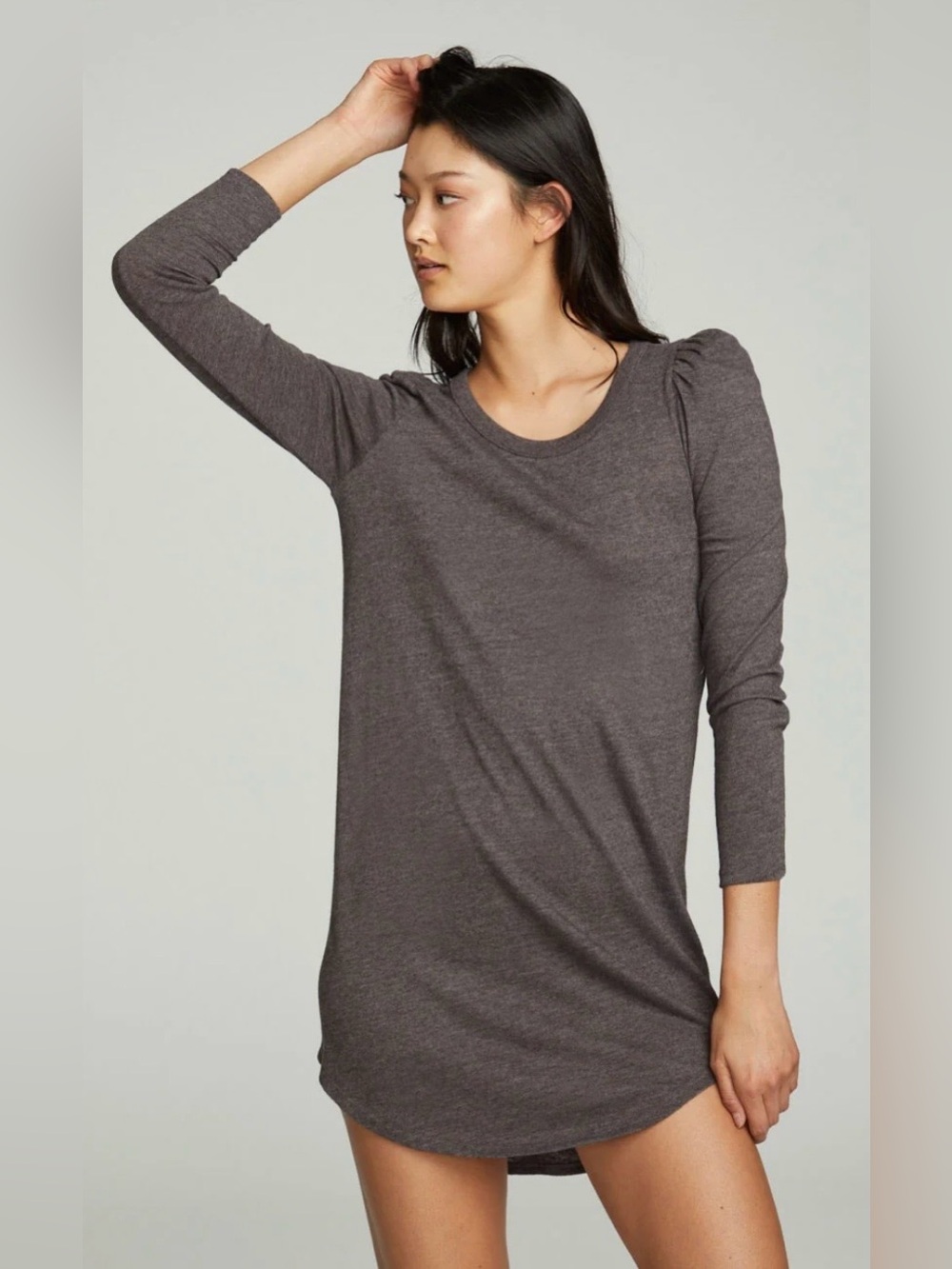 Chaser Heather Charcoal Long Puff Sleeve Scoop Neck Shirt Tail High Low Dress